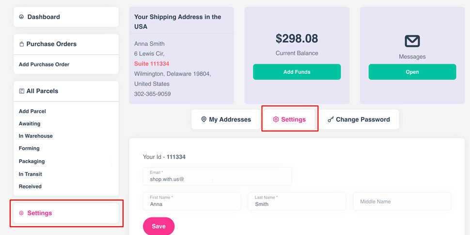 my address at the US warehouse