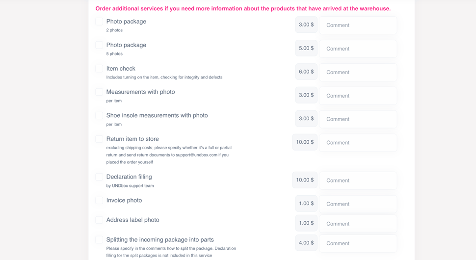 additional services at the US warehouse