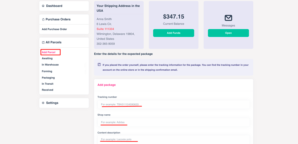 entering the tracking number