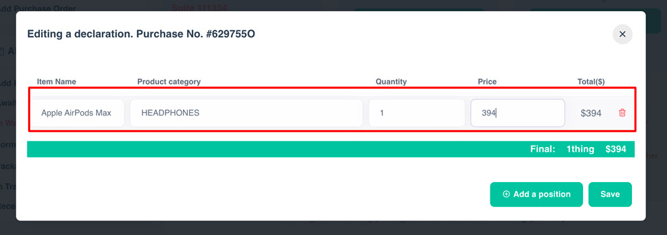 filling out the declaration for purchases