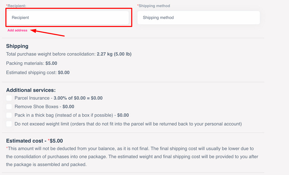 choosing the recipient of the package