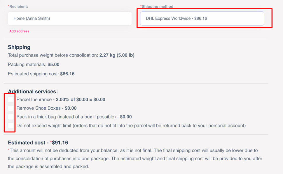 sending for package assembly
