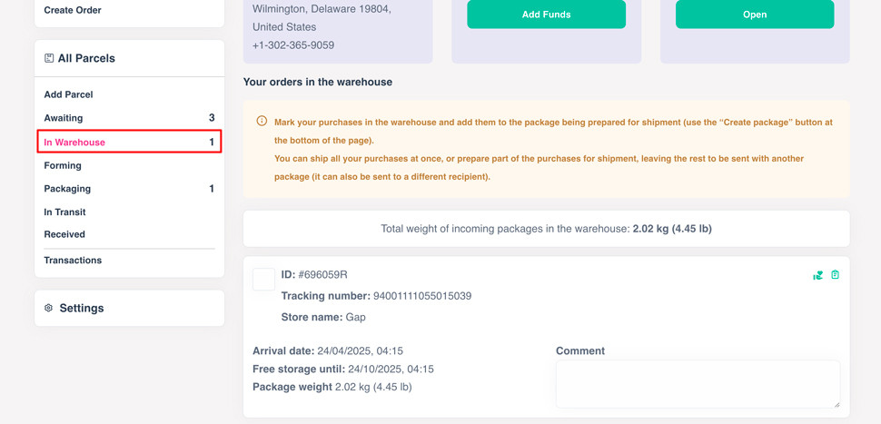 packages at the warehouse in the USA